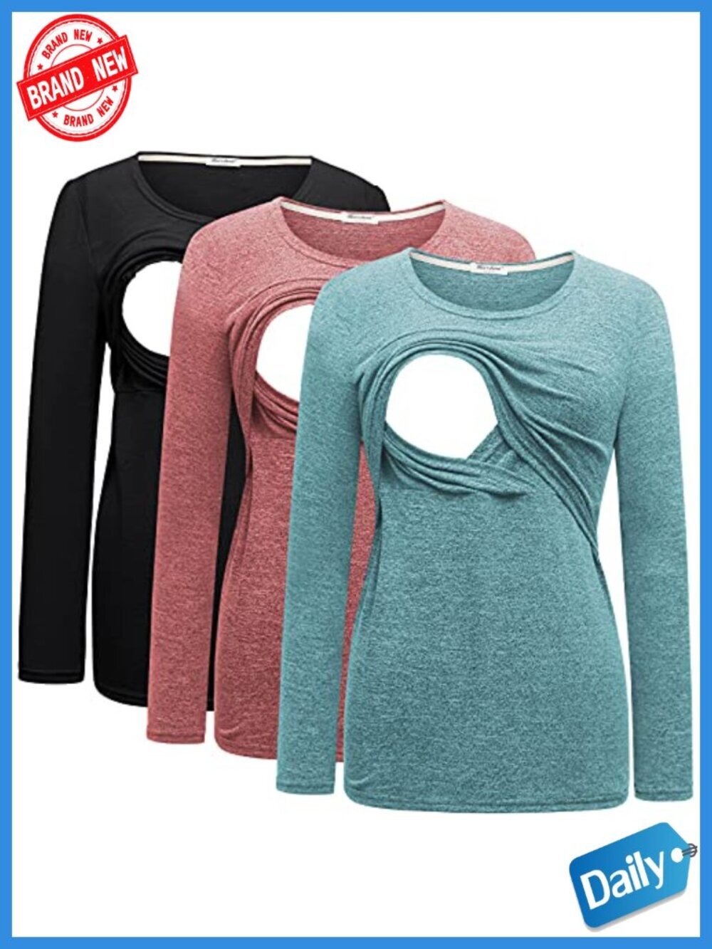 Maternity Nursing Tops 3 Pack Long Sleeve Breastfeeding Shirts Crew Neck Pull On